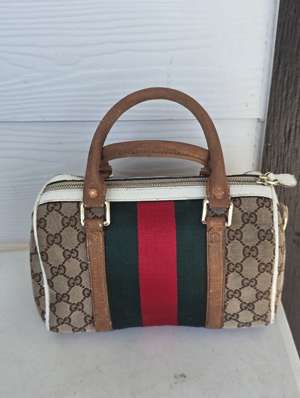 Gucci Vintage GG Monogram Web Stripe Boston Bag Brown Leather Handbag 8x9